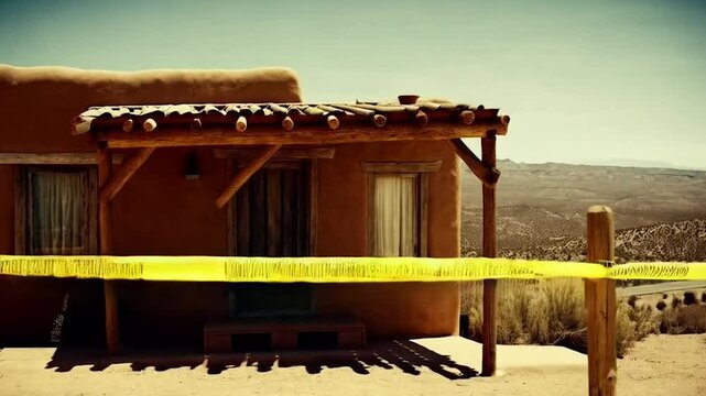 Grainy footage of a desert road, then a slow zoom on a modest Santa Fe-style house surrounded by police tape.