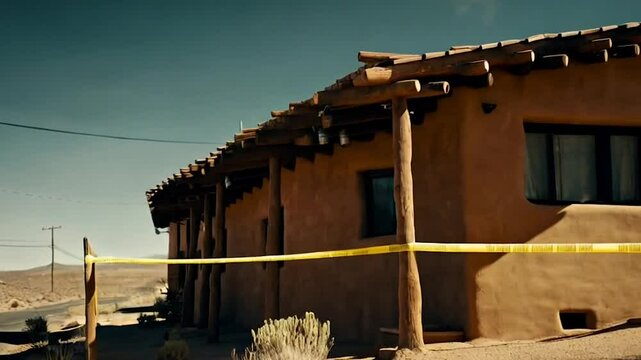 Grainy footage of a desert road, then a slow zoom on a modest Santa Fe-style house surrounded by police tape.