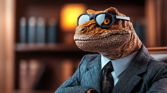 Lizard wearing glasses and a suit is sitting in front of a bookshelf. The lizard is wearing a tie and he is in a professional setting - Powered by Adobe