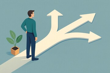Fototapeta premium Isometric illustration of person facing three arrows – decision-making and priority concept