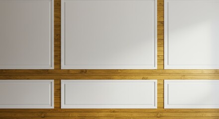 Fototapeta premium Elegant Wood Paneling Wall Design - Clean white panels framed by warm wood create a sophisticated and modern wall design, ideal for various interior styles
