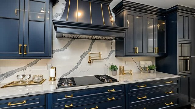 Luxury kitchen with navy cabinets, gold accents, marble, and modern appliances