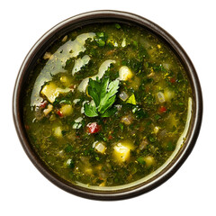 Green soup in a dark bowl fresh herbs garnish,