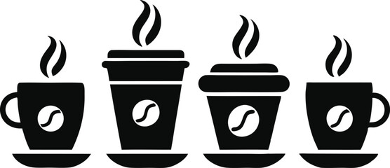Coffee Cups Silhouette Vector – Assorted Hot Beverage Icons on Tray in Minimal Style