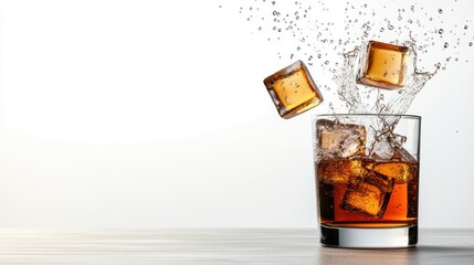 A cascade of glistening ice cubes, like icy diamonds, plunges into a glass of amber liquid, creating a dynamic splash and a refreshing visual spectacle.