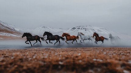 Horses running along a snowy landscape with dramatic mountain backdrop in Iceland