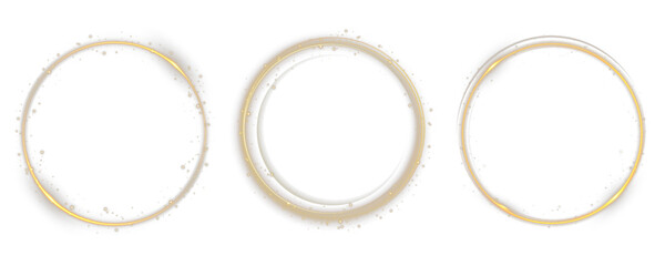 Sparkling stardust ring forms abstract celestial energy frame. Vector gold line flows dynamically like optic fiber twist. Shining arc creates elegant motion for digital design. Glitter dust sparkle