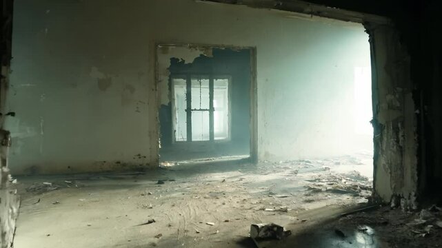 Light entering abandoned room through broken doorway