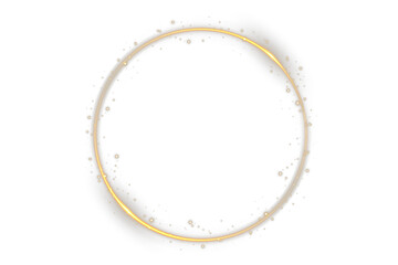 Sparkling stardust ring forms abstract celestial energy frame. Vector gold line flows dynamically like optic fiber twist. Shining arc creates elegant motion for digital design. Glitter dust sparkle