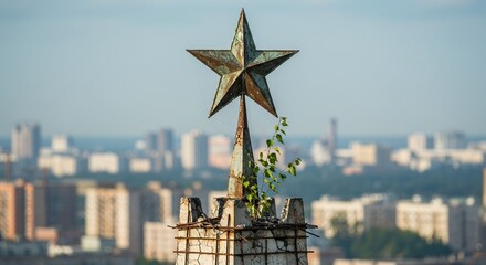 Rusty soviet star monument overgrown with grass against city background