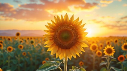 Obraz premium Sunflower Field Blooming at Sunset with Warm Golden Light