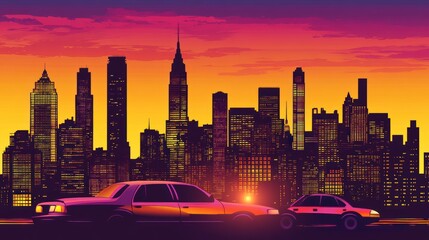 Retro styled cityscape skyline at sunset with two cars.