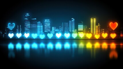 City skyline with glowing hearts, reflecting in water.  Dynamic city lights show varying emotional tones