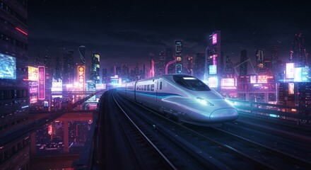 Fototapeta premium Futuristic City Nightscape with High-Speed Train - A sleek high-speed train travels through a vibrant, futuristic city at night, illuminated by neon lights and towering skyscrapers