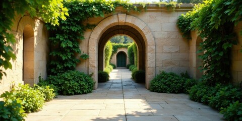 Fototapeta premium Serene stone archway passageway, lush green foliage adorns walls, sunlight filters through, creating a tranquil garden path scene.