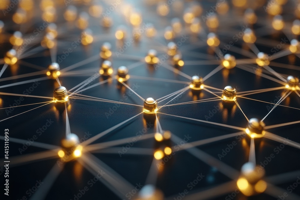Poster illuminated network of nodes connected by intricate lines in a dark space highlighting technological