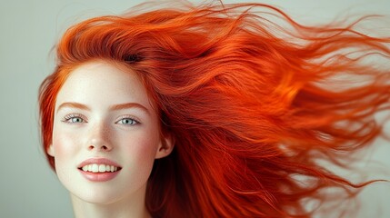 Obraz premium Woman with red hair and a smile. She has long hair that is blowing in the wind