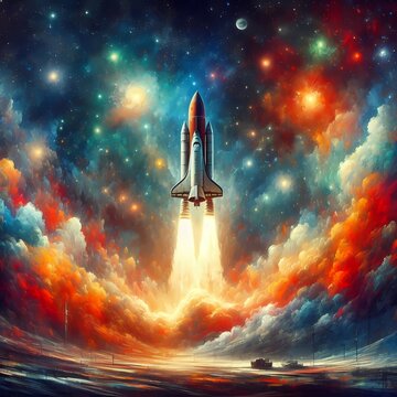 Spacecraft takes off, space shuttle launch