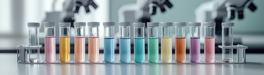 A row of colorful test tubes filled with liquids, displayed on a lab bench, with microscopes in the background, suggesting a scientific experiment or analysis.