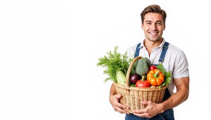 smiling young man holding basket full of fresh organic vegetables, isolated on white background, healthy food and farm produce concept