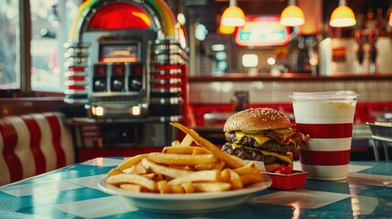 Retro diner meal double cheeseburger fries milkshake