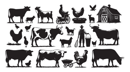 Farm Animal Silhouettes Collection – Livestock, Poultry, Tractor, and Rural Elements Vector Set