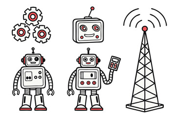 Vector art set fun cartoon robot icons vintage design