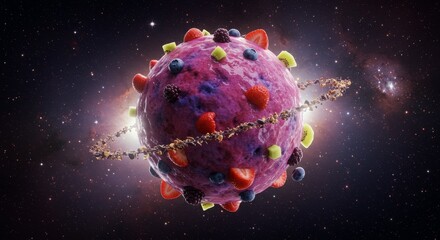 Colorful frozen planet made of ice cream and berries floating in outer space