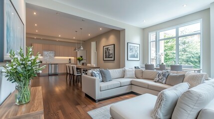 Fototapeta premium Modern Living Room Interior with Sectional Sofa and Dining Area