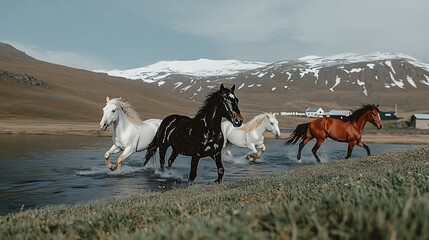 Horses running along a snowy landscape with dramatic mountain backdrop in Iceland