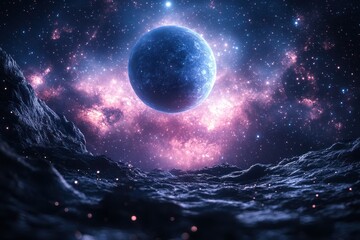 Majestic view of a blue planet surrounded by vibrant galaxies in deep space at night