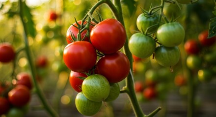 Obraz premium Greenhouse Tomatoes: A Close-Up View - Ripe and unripe tomatoes on the vine, symbolizing growth, harvest, abundance, freshness, and healthy eating