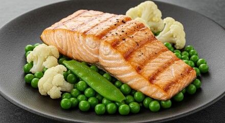 Grilled Salmon Fillet with Peas and Cauliflower - A delicious grilled salmon fillet served atop a bed of vibrant green peas and tender cauliflower florets. Symbolizing healthy eating
