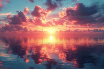 Obraz premium Colorful sunset over calm ocean waters with reflective clouds and serene atmosphere