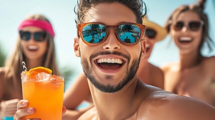 Man with a drink in his hand is smiling and wearing sunglasses. He is surrounded by three other people, all of whom are smiling and enjoying themselves. Scene is happy and carefree