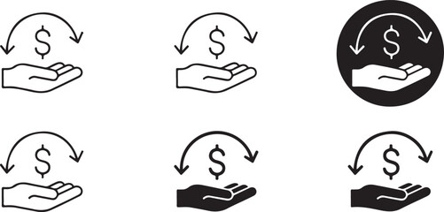 Vector icons depicting financial transactions, money exchange, and business transactions. These symbols represent currency flow and hand gestures in finance, perfect for financial and business-relate 