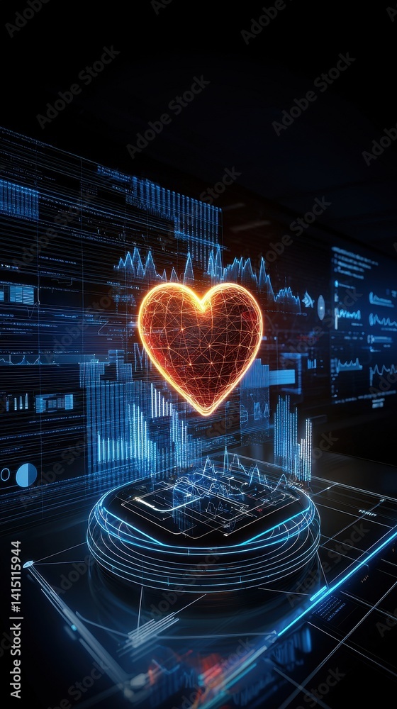Poster a futuristic digital heart symbol surrounded by data visuals and graphs, representing the intersecti