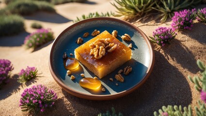 Honey Cake with Walnuts on a Plate Outdoors