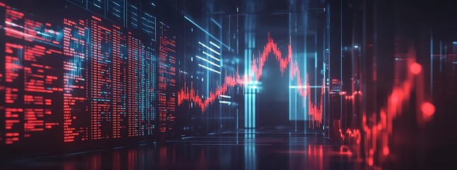 Financial data charts with glowing stock and forex graphs on a dark background illuminated in blue tones. 3D Rendering