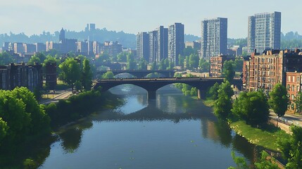 Obraz premium Scenic Urban Landscape, Tranquil River Flowing Through a Bustling Cityscape