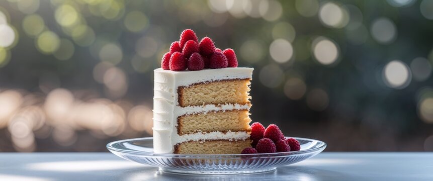 there is a piece of cake with raspberries on a plate