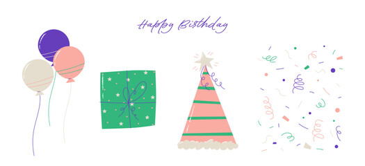 Obraz premium Bright flat vector birthday set with balloons, gift box, party hat, and colorful confetti. Fun and festive illustration for holiday greeting cards and decorations