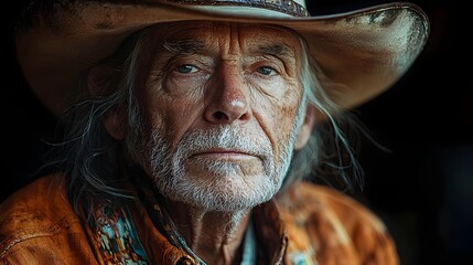 Weathered face of a senior musician holding a guitar