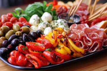 A vibrant antipasto platter with olives, prosciutto, mozzarella, and roasted peppers