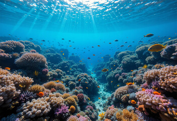 coral reef in the red sea, Underwater view of marine life thriving around clean coral reefs, vibrant sea creatures, crystal-clear water, Earth and water conservation theme, celebrating World Water Day