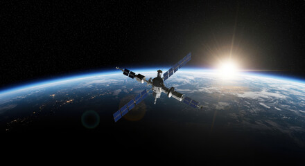 Space Station in Earth Orbit: Satellite, Solar Panels, and Celestial View from Low Earth Orbit