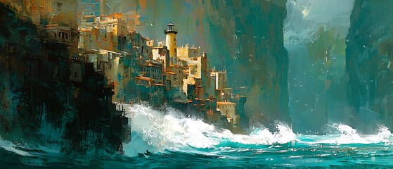 Seaside town with a lighthouse painting, where the ocean hits the rocks