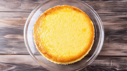 Top view of lemon sponge cake in transparent plate on a wooden background, hyper realistic photo with high quality --chaos 10 --ar 16:9 --stylize 0 --v 6.1 Job ID: 82bb5f1c-2a02-444a-8c29-9f05ed8a08c2