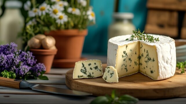Wedge of cheese is cut from a large cheese wheel. The cheese is on a wooden cutting board with a knife and a potted plant in the background