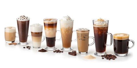 Set with different types of coffee drinks on white background